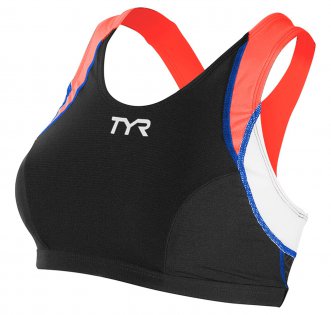 Женское стартовое бра TYR Competitor Bra черное с белым логотипом на груди артикул BCFPXP6A 708