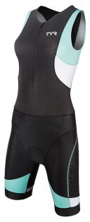 Женский стартовый костюм TYR Competitor Tri Suit Front Zip черный без рукавов с ментоловыми и белыми вставками артикул TCFXP6A 128
