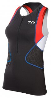 Женская стартовая майка TYR Competitor Singlet артикул черная с красными и белыми вставками, молния на груди SCFXP6A 708