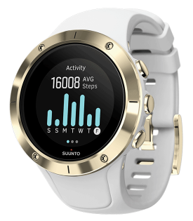 Часы Suunto Spartan Trainer Wrist HR золотой безель, белый ремешок, на экране график количества шагов за неделю
