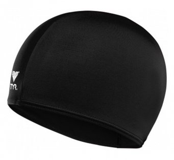 Шапочка для плавания TYR Solid Lycra Cap черная с белым логотипом артикул LCY 001