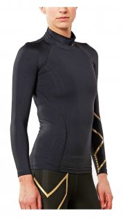 Женская компрессионная кофта 2XU MCS Alpine Long Sleeve Compression Top W WA3512a BLK/GLD черная с золотым лого, фото полубоком