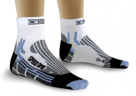 Женские носки X-Bionic X-Socks Speed One W белые с черным и серым. Сиреневые полоски и мысок.