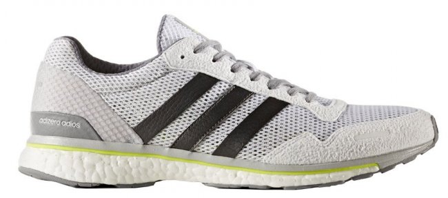 Кроссовки Adidas Adizero Adios артикул BB3313 серая сетка и замша на носке и в месте шнуровки, сбоку три черных полосы