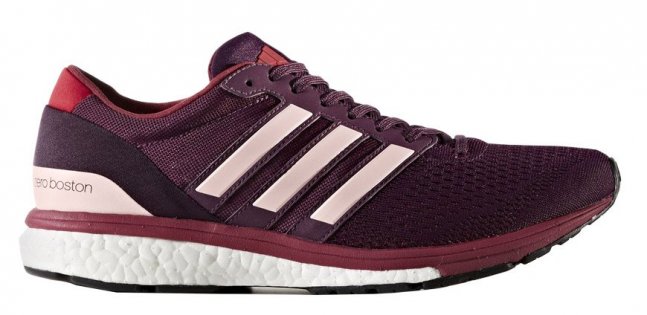 Женские кроссовки Adidas Adizero Boston Boost 6 W артикул CG3051 бордового цвета, три полосы сбоку и пятка розовые