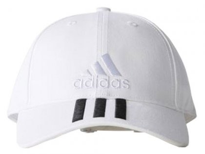 Кепка Adidas Six-Panel Classic 3-Stripes артикул BK0806M белая по центру вышит белый логотип на козырьке три черные полосы