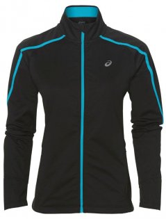 Куртка Asics Softshell Jacket W артикул 146604 0877 черная с голубой молнией и полосками