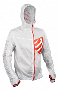 Куртка Compressport Trail Hurricane Jacket артикул WSTR-LS00 белая с капюшоном, на груди логотип