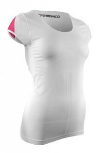 Женская компрессионная футболка Compressport Trail Running V2 W артикул TSTRW-SS00 белая с розовыми плечами