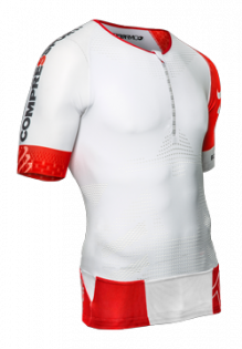 Стартовая футболка Compressport Triathlon Aero Top артикул TSTRIV2-00 белая с красным, молния до середины груди