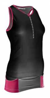 Женская стартовая майка Compressport Triathlon Ultra Tank W артикул TSTRIW-TK99 черная с розовым, молния до середины груди, карманы вокруг пояса