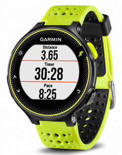 Часы Garmin Forerunner 230 желтые с черным, на экране пройденная дистанция, время и темп