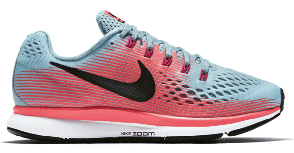 Женские кроссовки Nike Air Zoom Pegasus 34 W артикул 880560 406 голубые с розовым, черный логотип, вид сбоку