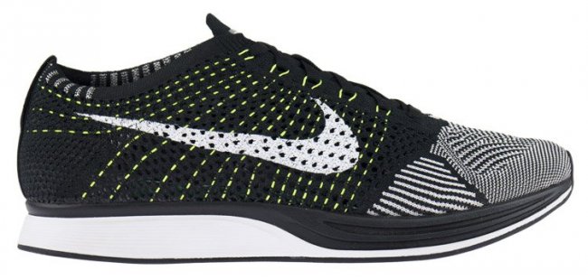 Кроссовки Nike Flyknit Racer артикул 526628 011 черные с белыми и зелеными нитями