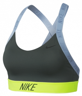 Бра Nike Pro Indy Logo Back Bra W серый с салатовой резинкой под грудью и голубыми бретелями