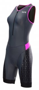 Женский стартовый костюм TYR Competitor Padded Front Zip Tri Suit черный с розовым, на груди молния артикул TTSCOF6A 030
