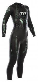 Женский гидрокостюм TYR Wetsuit Hurricane Cat 3 черный с зеленым и белым логотипом на груди артикул HCCTF6A 704